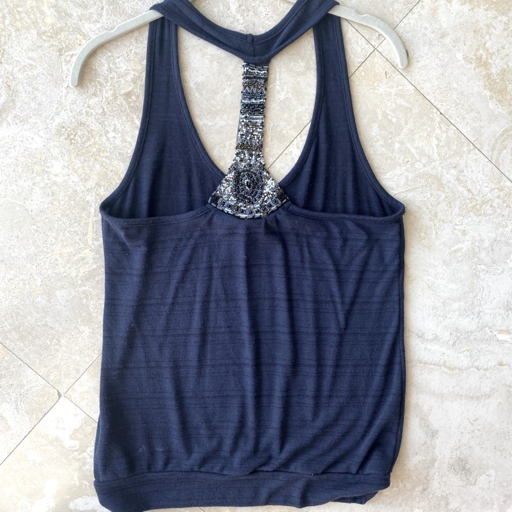 Anthropology, navy, knitted blue razorback, top with beaded embellishments M